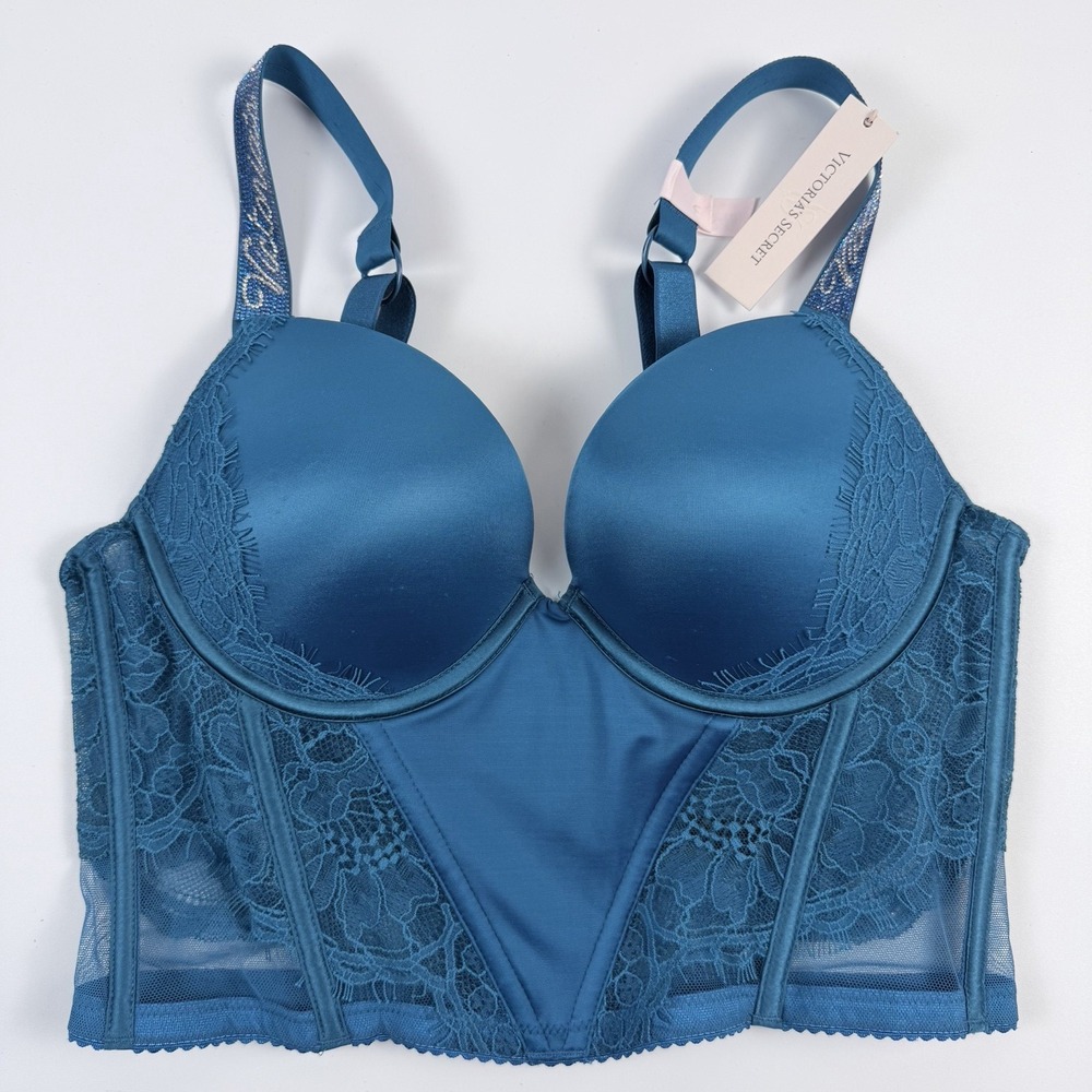 Victoria's Secret Very Sexy Blue Lace Push Up Corset Top Shine Strap 34C NWT